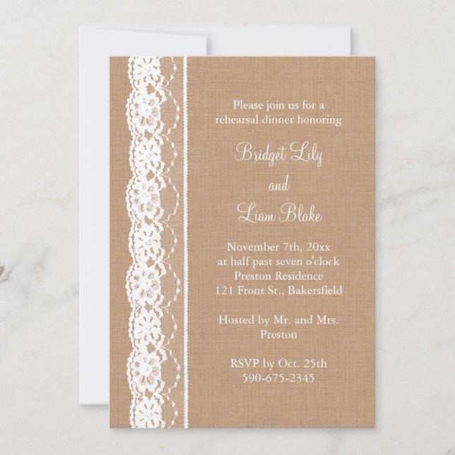 Medium Burlap & Vintage Lace Rehearsal Dinner Invitation (Front)