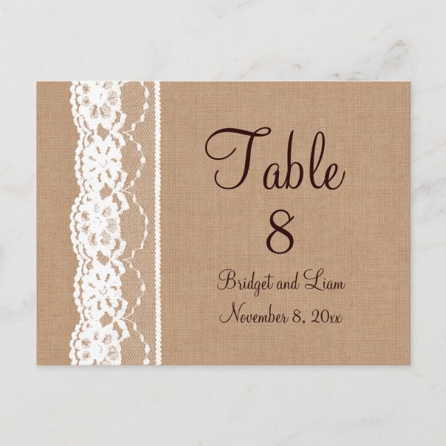 Medium Burlap & Vintage Lace Table Number Postcard (Front)