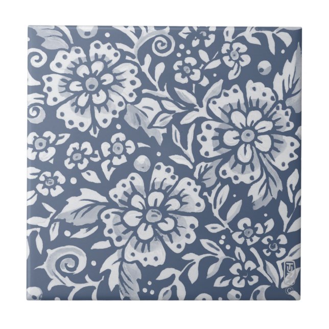 Medium Denim Blue Flower Floral Leaf Pattern Tile (Front)