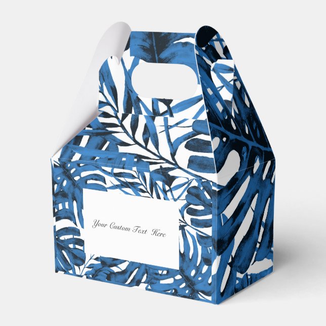 Medium Denim Blue Tropical Palm Leaves Wedding Favor Box (Front Side)