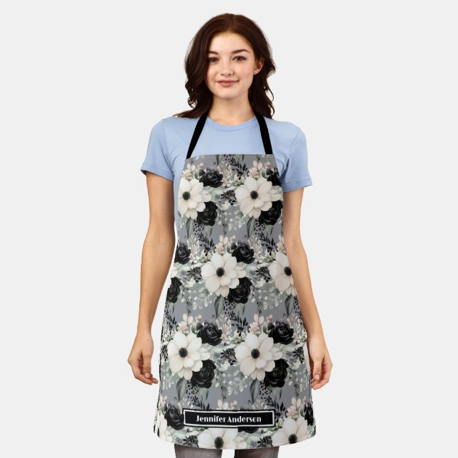 Medium Girly Black and White Floral Print Apron (Worn)