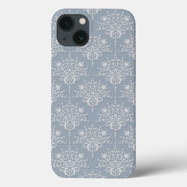 Medium Grey Blue and White Damask Pattern Case-Mate iPhone Case (Back)