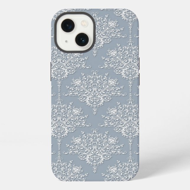 Medium Grey Blue and White Damask Pattern iPhone Case (Back)