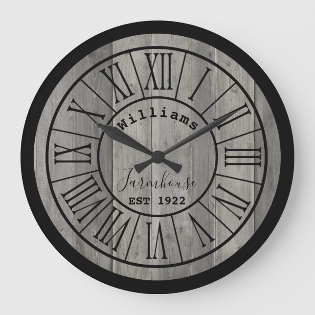 Medium Grey/Grey  Wood Farmhouse Family Name Large Clock (Front)