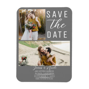 Medium Grey Modern 2 Photos Save the Date Wedding Magnet