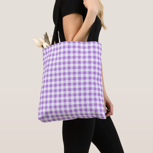 Medium Lavender Purple and White Gingham Check Tote Bag (Close Up)
