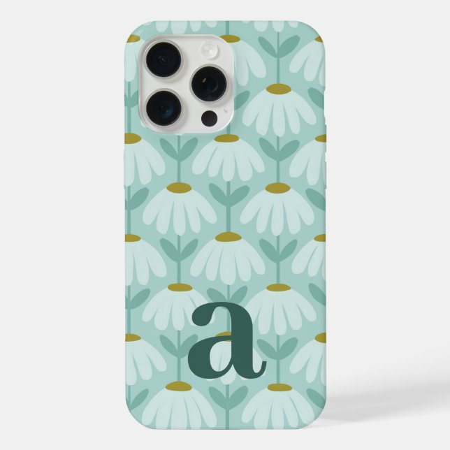 Medium Monogram Letter Teal Blue Vintage Floral iPhone Case (Back)