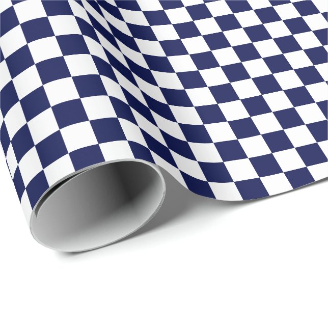 Medium Navy Blue and White Checks Wrapping Paper (Roll Corner)