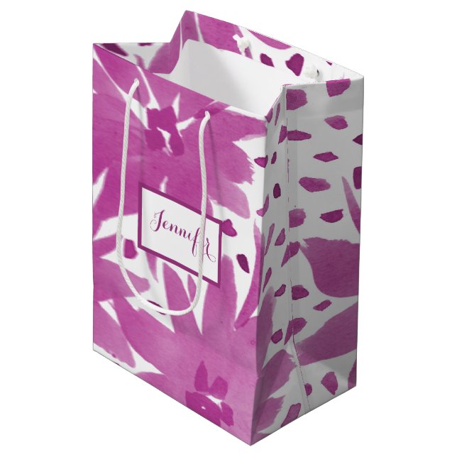Medium Personalized Floral Design Pink Gift Bag (Front Angled)