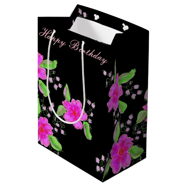 Medium Pink Flowered Black Birthday Gift-bag Gift Bag (Back Angled)