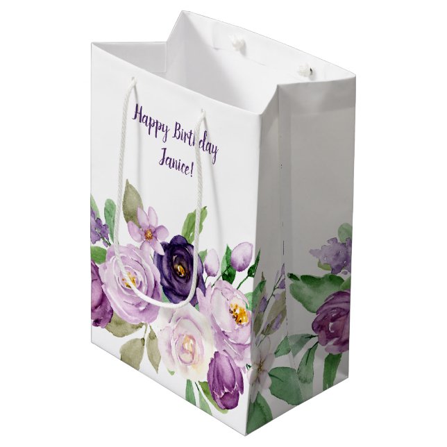 Medium Purple and Lavender Roses Monogram Gift Bag (Front Angled)