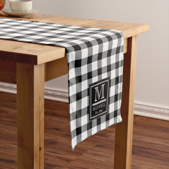 Medium Rustic Buffalo Checks Monogram Name Year Table Runner (In Situ)