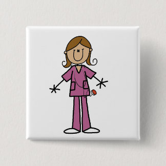 Medium Skin Stick Figure Female Nurse 2 Inch Square Button