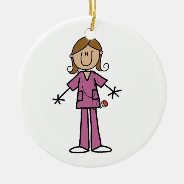 Medium Skin Stick Figure Female Nurse Ceramic Ornament (Front)