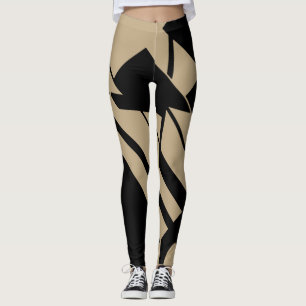 Medium Tan, Black Geometric Abstract Design Leggin Leggings