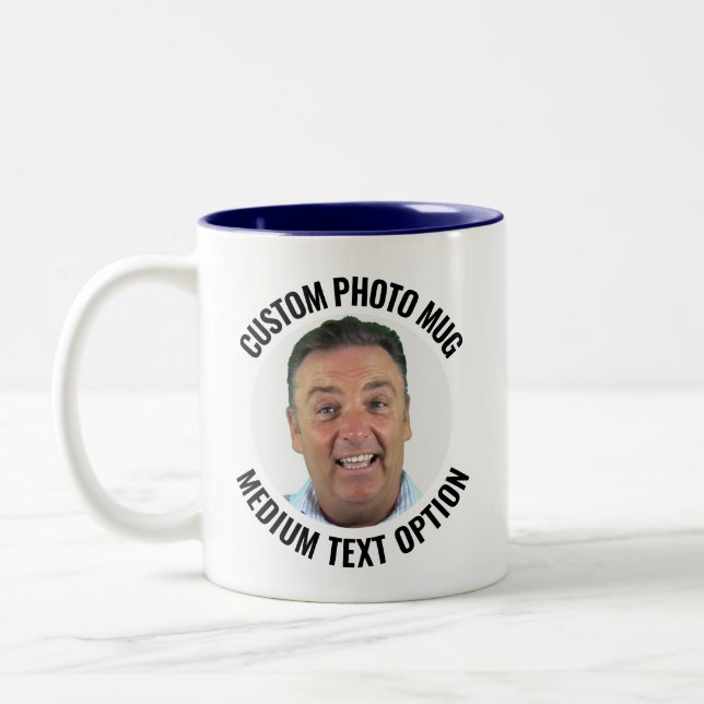 Medium Text NAVY Two-Tone Personalized Photo Mug (Left)