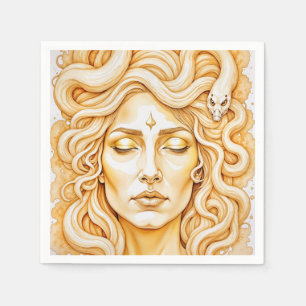 Medusa Ancient Goddess Portrait In Rich Yellow  Napkin
