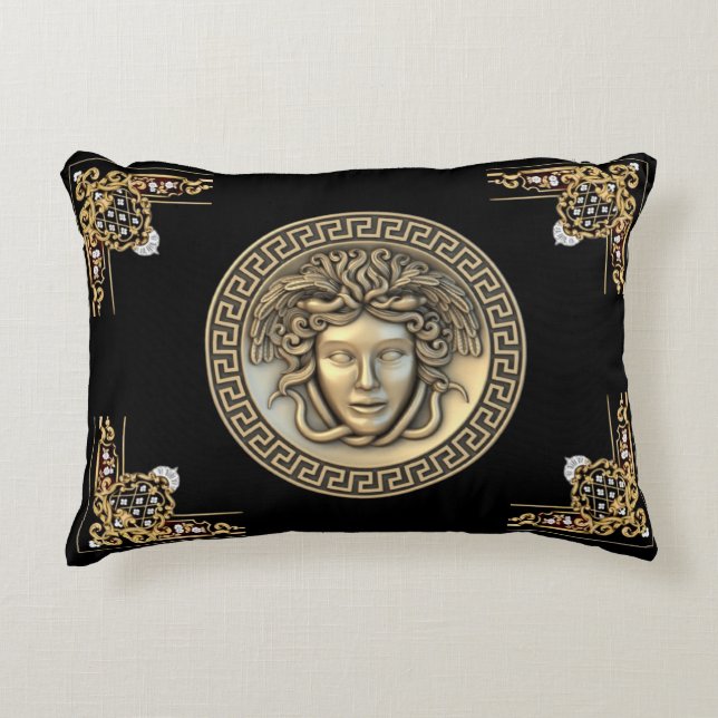 Medusa and Greek Key Gold Aubusson Designer Accent Pillow (Front)