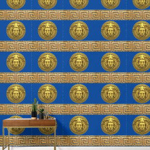 Medusa and Greek Key Gold on BLUE Designer  Wallpaper