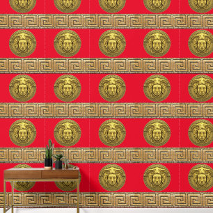 Medusa and Greek Key Gold on RED Designer Wallpaper