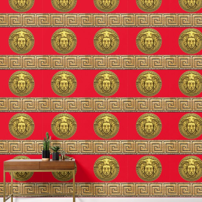 Medusa and Greek Key Gold on RED Designer  Wallpaper (Hallway)
