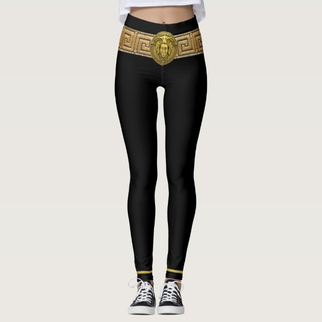 Medusa d'or et clé grecque sur Leggings noirs (Devant)
