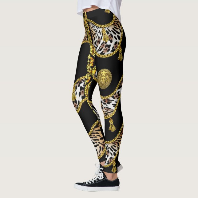 Medusa Exotica Leopard and Gold Tassel Black Leggings (Left)