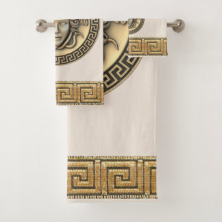 Medusa Golden Gorgon Greek Key BEIGE Bath Towel Set