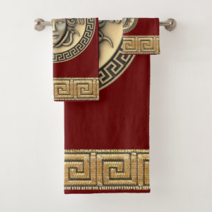 Medusa Golden Gorgon Greek Key Burgundy Bath Towel Set