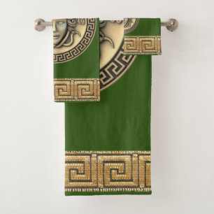 Medusa Golden Gorgon Greek Key Forest Green Bath Towel Set
