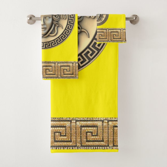 Medusa Golden Gorgon Greek Key Lemon Yelllow Bath Towel Set (Insitu)