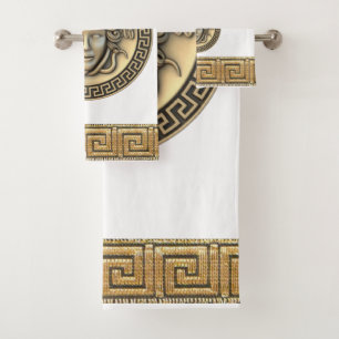 Medusa Golden Gorgon Greek Key White Bath Towel Set