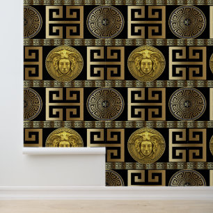 Medusa Greek Key Gold on Black Designer Wallpaper