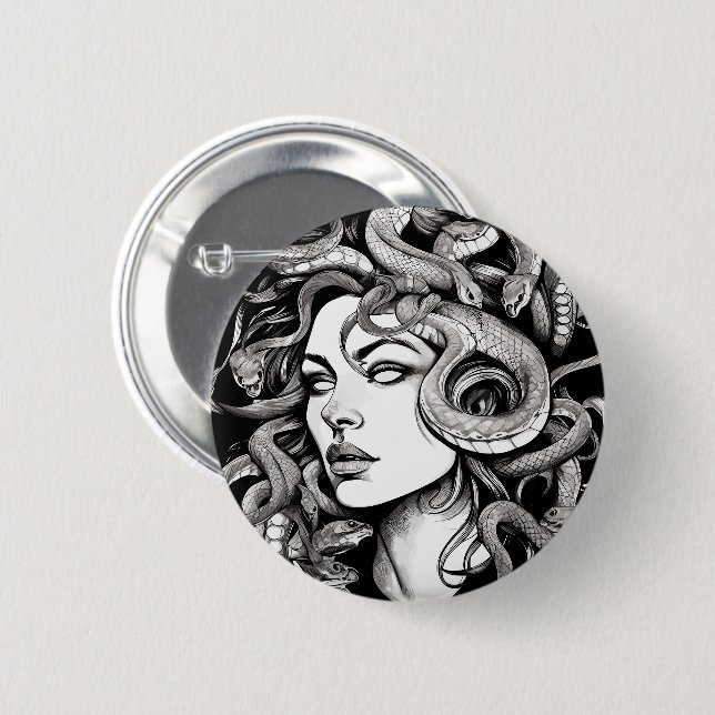 Medusa head tattoo style 2 inch round button (Front & Back)