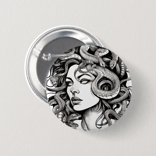 Medusa head tattoo style 2 inch round button (Front & Back)