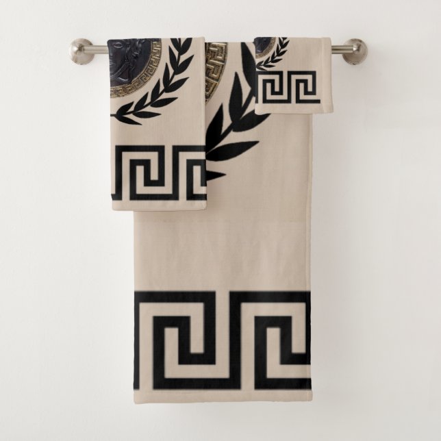 Medusa Noire, Greek Key, Laurel Wreath, Beige Bath Towel Set (Insitu)