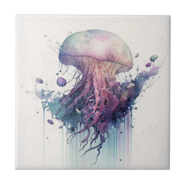 Méduse violette, Aquarelle, Carreaux en céramique (Devant)