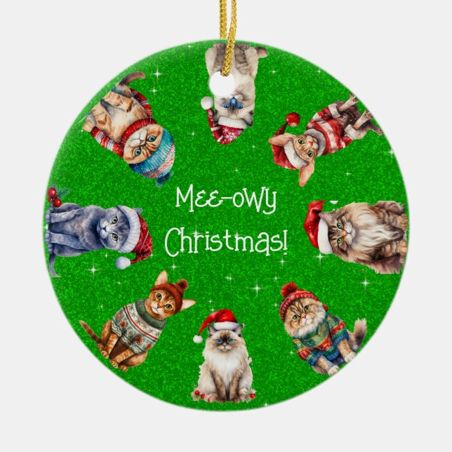 Mee-owy Christmas Festive Cats on Green Glitter Ceramic Ornament (Front)
