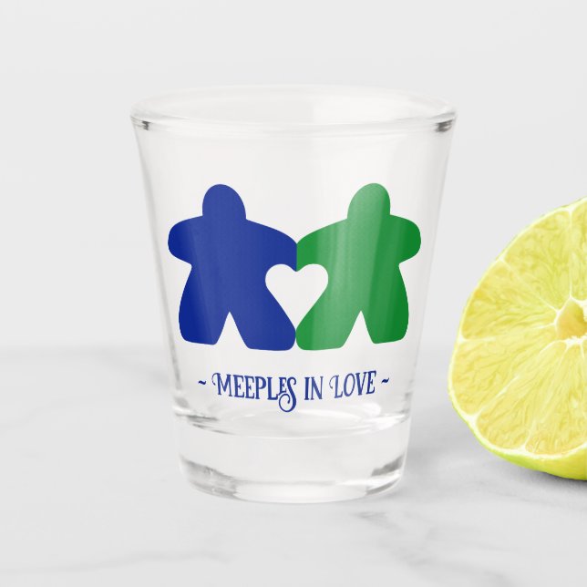 Meeples in Love, Blue & Green Shot Glass (Front)