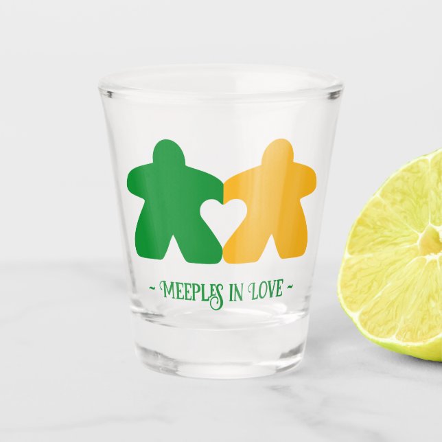 Meeples in Love, Green & Yellow Shot Glass (Front)