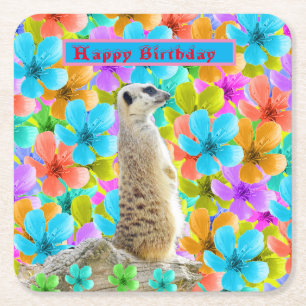 Meerkat And Multi Coloured Blossom Birthday Design Square Paper Coaster