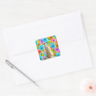 Meerkat And Multi Coloured Blossoms, Square Sticker