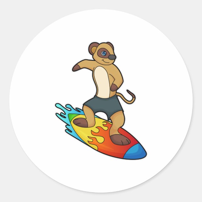 Meerkat as Surfer with Surfboard Classic Round Sticker (Front)