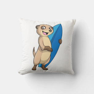 Meerkat as Surfer with Surfboard Throw Pillow