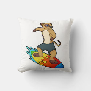 Meerkat as Surfer with Surfboard Throw Pillow