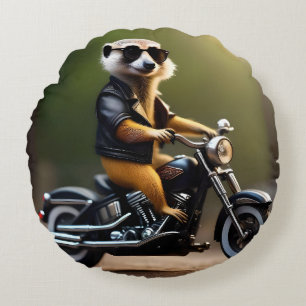 Meerkat Bikie On A Motorbike, Round Pillow