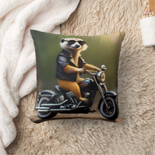 Meerkat Bikie On A Motorbike, Throw Pillow