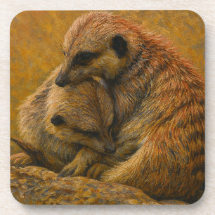 Meerkat Cuddle – Earth-Toned Wildlife Painting Coaster