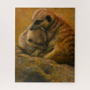 Meerkat Cuddle – Earth-Toned Wildlife Painting Jigsaw Puzzle