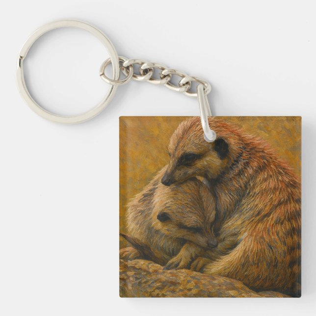 Meerkat Cuddle – Earth-Toned Wildlife Painting Keychain (Front)